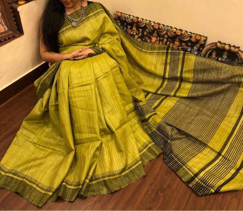 yellow tussar silk saree