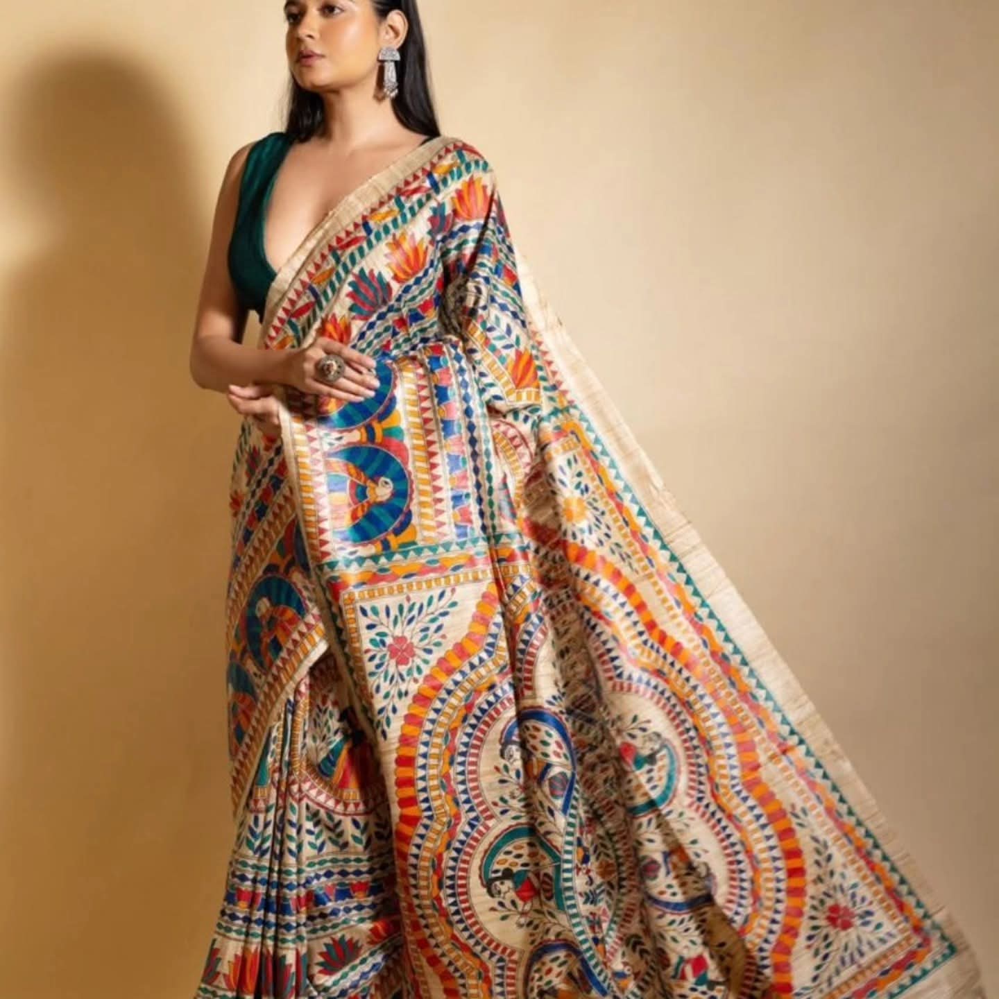 Tussar Madhubani printed silk saree