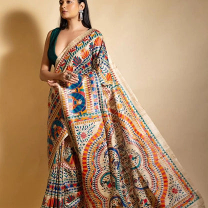 Tussar Madhubani printed silk saree