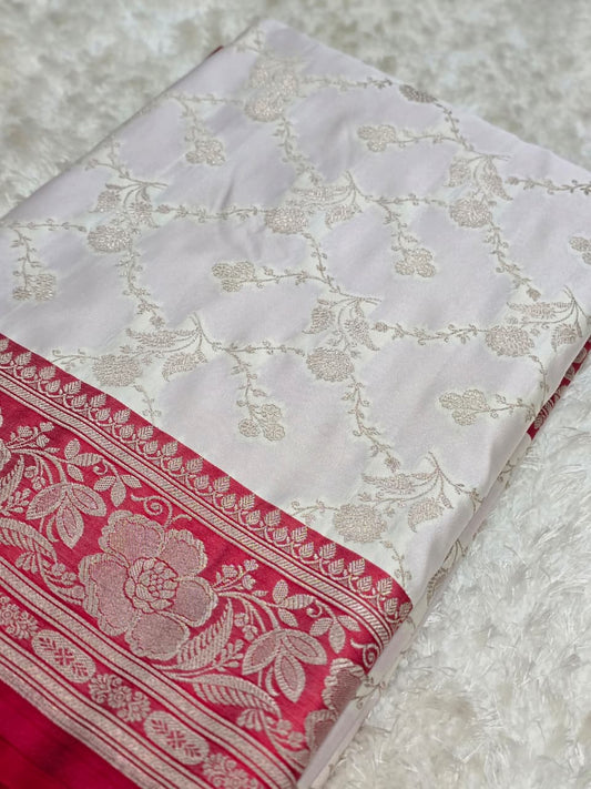 Banarasi Mashru White Silk Saree – Traditional Weave